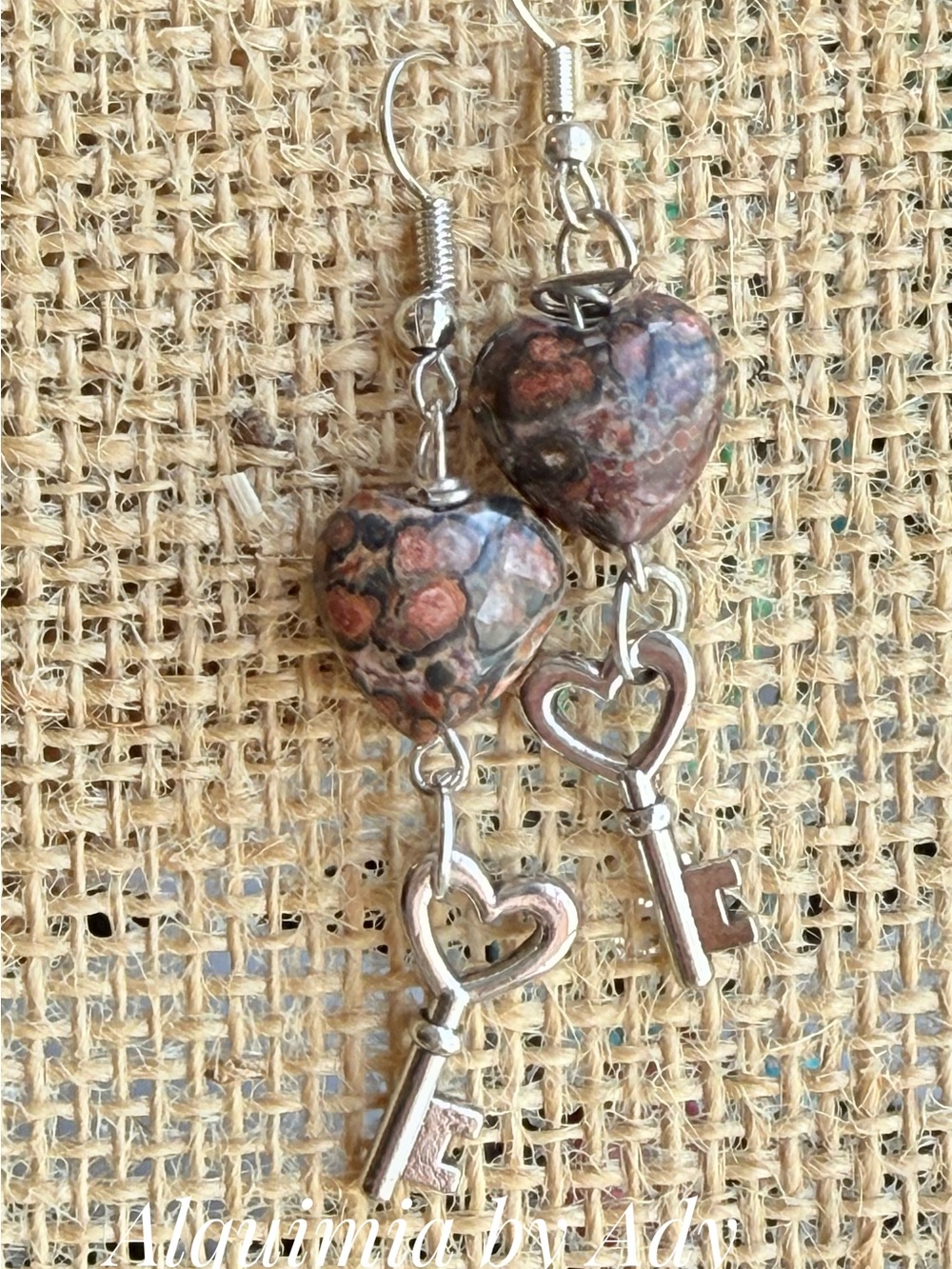 Alquimia Leopard Jasper Heart & Key Dangle Earrings - Brown and Silver